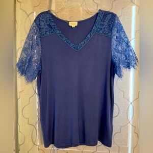 Eyelash lace sleeve blue top